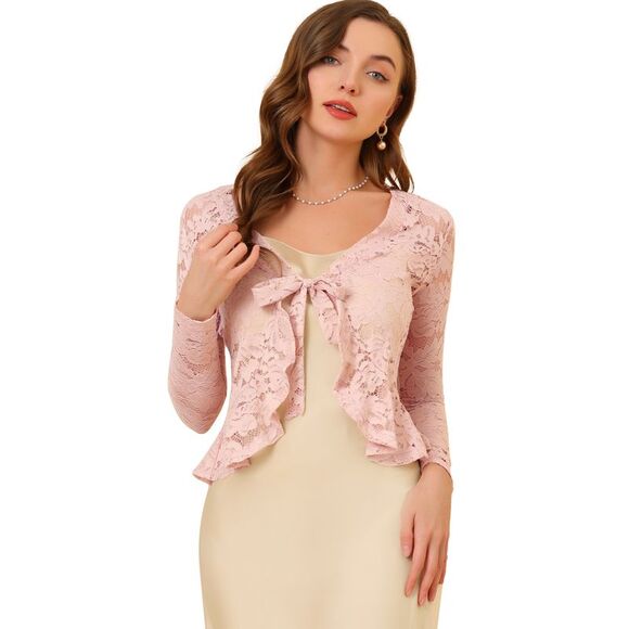 Floral Lace Shrug Tie Front Top Ruffled Hem Sheer Crop Bolero Cardigan Pink - Picture 1 of 6